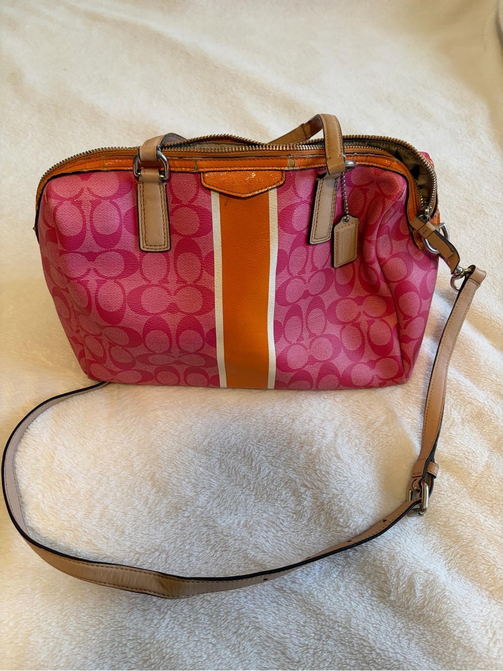 Coach Pink Signature Stripe Shoulder Bag with Orange Center